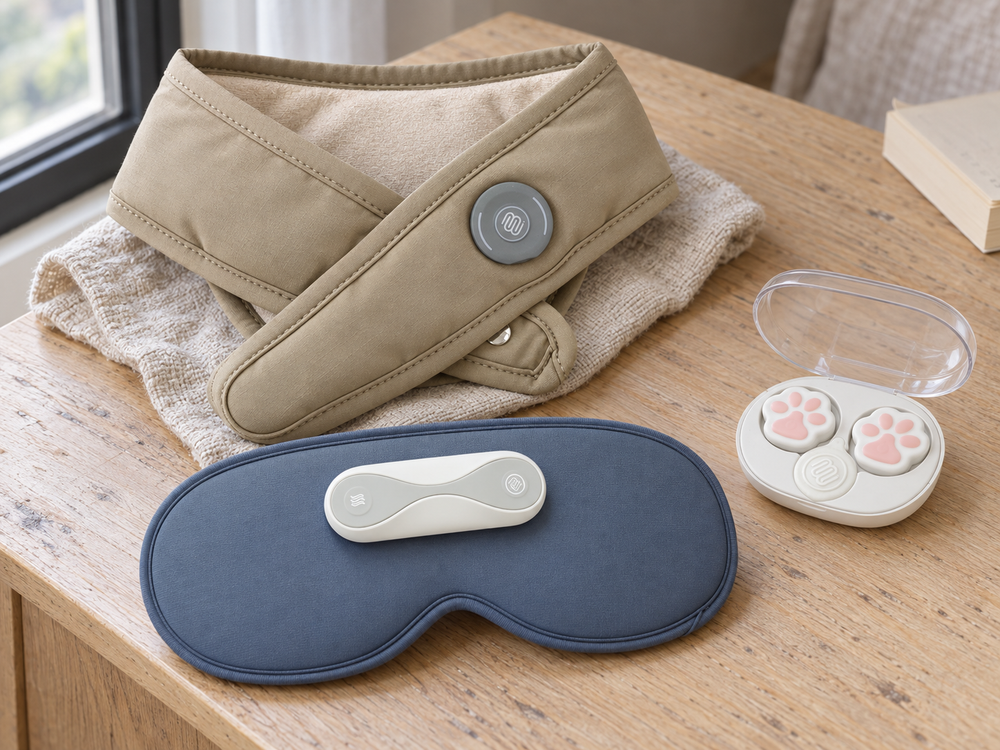 
OmmiCare neck warmer, CoziOmmi heated eye mask and small LumiClear case arranged on a wooden table.