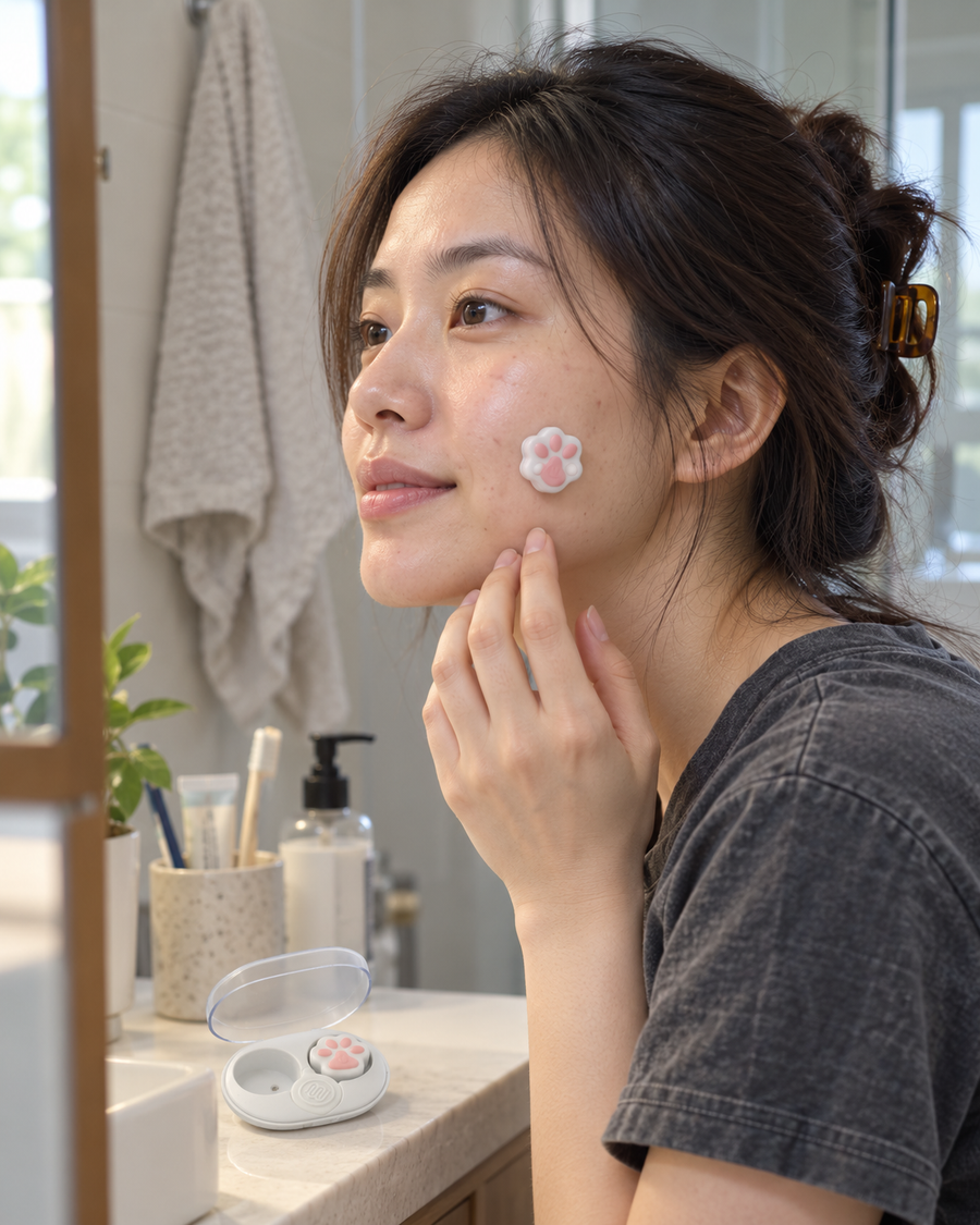 
Lifestyle illustration: a small LumiClear paw pod is worn on the cheek during a skincare routine.